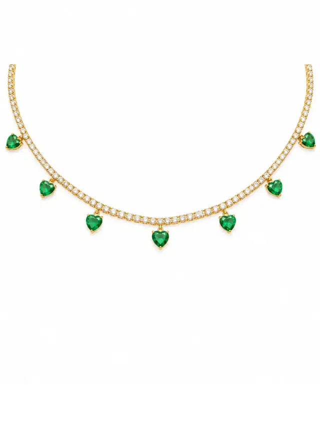 Wish Fine Jewelry 5.85ct Diamond Emerald 18K Gold Stationed Heart Choker Necklace