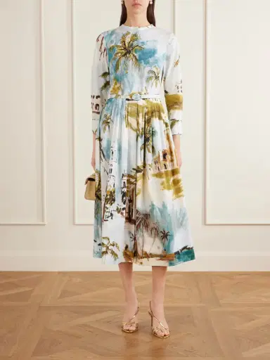 Oscar de la Renta Belted Printed Cotton-blend Midi Dress | Thumbnail 2 Oscar de la Renta Belted Printed Cotton-blend Midi Dress | Thumbnail 2