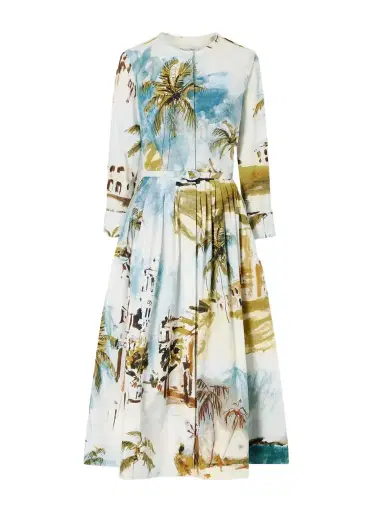Oscar de la Renta Belted Printed Cotton-blend Midi Dress | Thumbnail 1 Oscar de la Renta Belted Printed Cotton-blend Midi Dress | Thumbnail 1