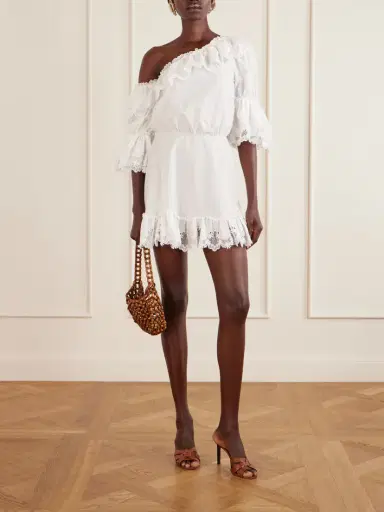 Saint Laurent One-shoulder Guipure-lace Trimmed Cotton-poplin Mini Dress | Thumbnail 2 Saint Laurent One-shoulder Guipure-lace Trimmed Cotton-poplin Mini Dress | Thumbnail 2