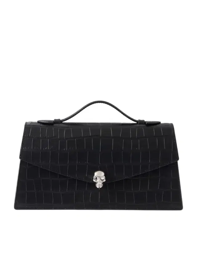 Skull Embellished Croc-effect Leather Clutch