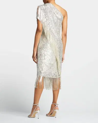 Badgley Mischka Collection One-Shoulder Fringed Sequin Toga Dress | Thumbnail 2