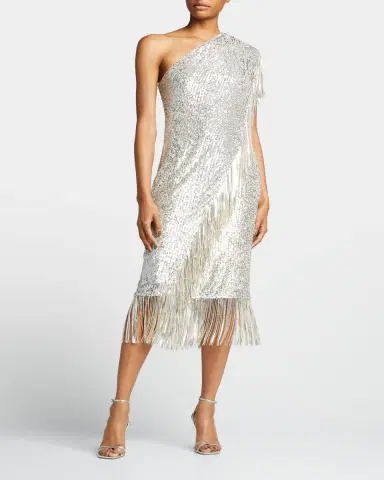 Badgley Mischka Collection One-Shoulder Fringed Sequin Toga Dress | Thumbnail 3