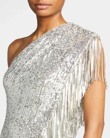 Badgley Mischka Collection One-Shoulder Fringed Sequin Toga Dress | Thumbnail 4