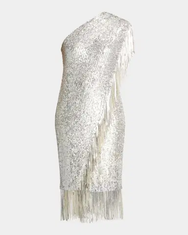 Badgley Mischka Collection One-Shoulder Fringed Sequin Toga Dress | Thumbnail 5
