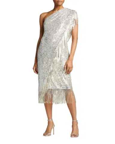 Badgley Mischka Collection One-Shoulder Fringed Sequin Toga Dress | Thumbnail 1