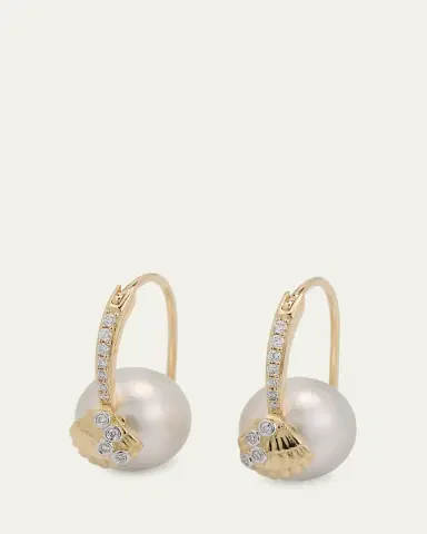 Sydney Evan 14K Gold Clamshell and 10mm Freshwater Pearl Diamond Earrings | Thumbnail 3