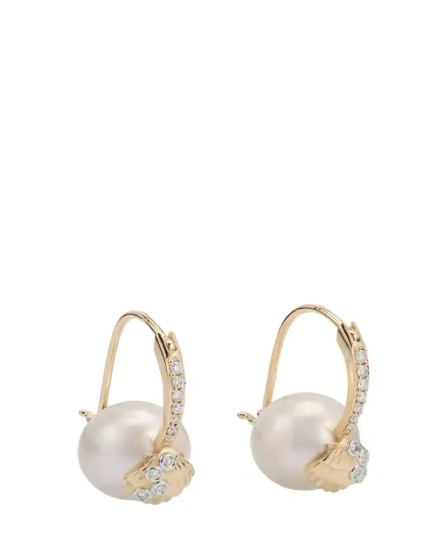 Sydney Evan 14K Gold Clamshell and 10mm Freshwater Pearl Diamond Earrings