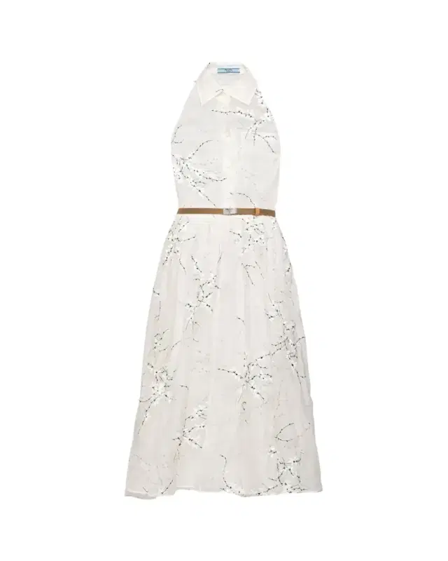 Prada Floral Embroidered Organza Fit-Flare Midi Dress