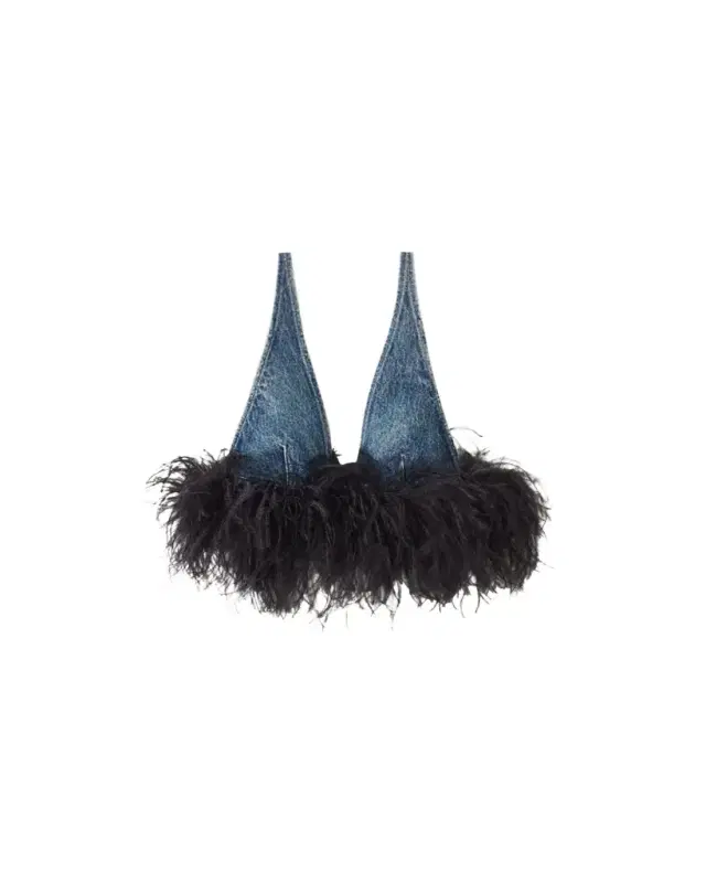 Denim Bra Top With Feather