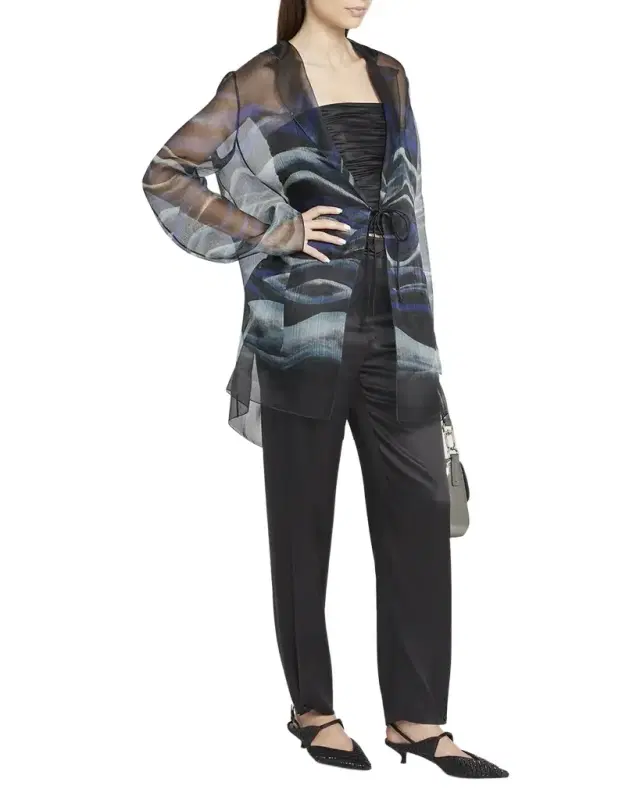 Giorgio Armani Night Water Print Self-Tie Silk Blouse Jacket