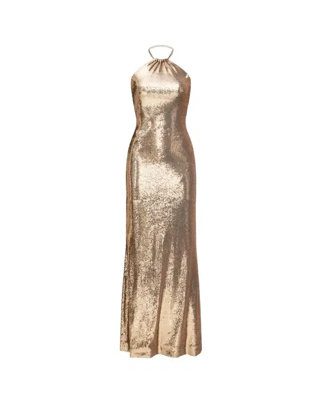 Jun Sequin Halter Column Gown