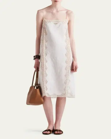 Prada Linen Midi Dress with Lace Embroidery | Thumbnail 2 Prada Linen Midi Dress with Lace Embroidery | Thumbnail 2