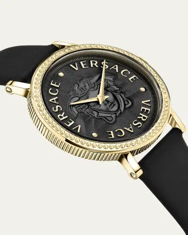 Versace 37mm V-Dollar Watch with Leather Strap, Yellow Gold/Black | Thumbnail 2