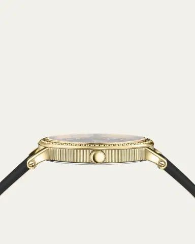 Versace 37mm V-Dollar Watch with Leather Strap, Yellow Gold/Black | Thumbnail 3