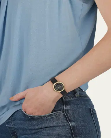 Versace 37mm V-Dollar Watch with Leather Strap, Yellow Gold/Black | Thumbnail 4