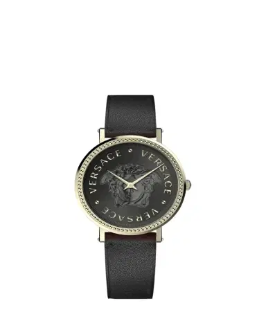 Versace 37mm V-Dollar Watch with Leather Strap, Yellow Gold/Black | Thumbnail 1