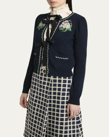 Valentino Garavani Floral Embroidered Bow-Tie Wool Cardigan | Thumbnail 4