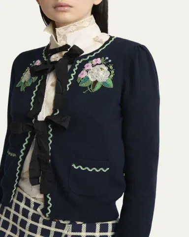 Valentino Garavani Floral Embroidered Bow-Tie Wool Cardigan | Thumbnail 5