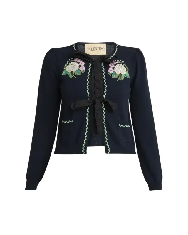 Floral Embroidered Bow-Tie Wool Cardigan
