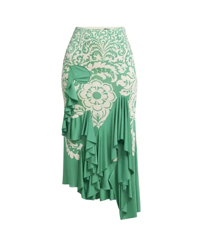 Printed Draped Ruffle Maxi Skirt
