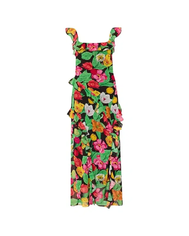 Milly Tulip Rosette Floral-Print Ruffle Maxi Dress