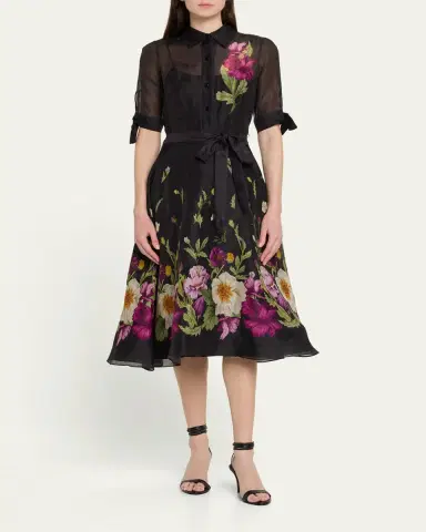 Rickie Freeman for Teri Jon Floral-Print Silken Linen Midi Shirtdress | Thumbnail 2