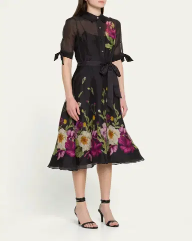 Rickie Freeman for Teri Jon Floral-Print Silken Linen Midi Shirtdress | Thumbnail 4