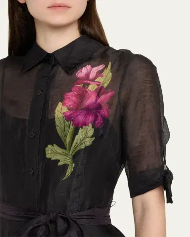 Rickie Freeman for Teri Jon Floral-Print Silken Linen Midi Shirtdress | Thumbnail 5