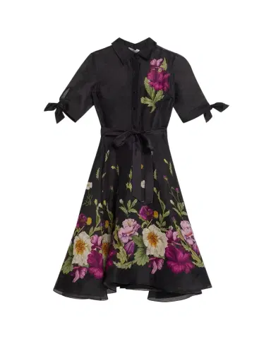 Rickie Freeman for Teri Jon Floral-Print Silken Linen Midi Shirtdress | Thumbnail 1