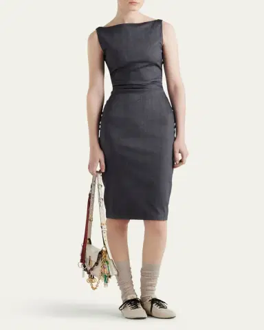 Prada Draped Boat-Neck Kid Mohair Midi Dress | Thumbnail 2