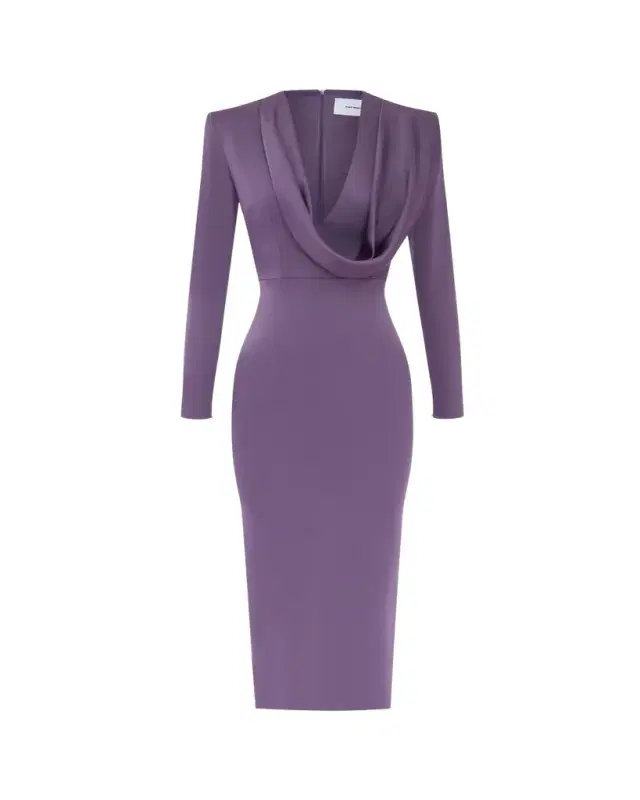 Draped Cowl-Neck Strong-Shoulder Satin Crepe Midi Dress