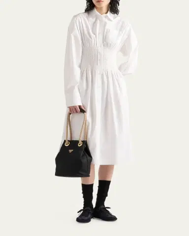 Prada Smocked Canvas Fit-and-Flare Midi Shirt Dress | Thumbnail 2 Prada Smocked Canvas Fit-and-Flare Midi Shirt Dress | Thumbnail 2