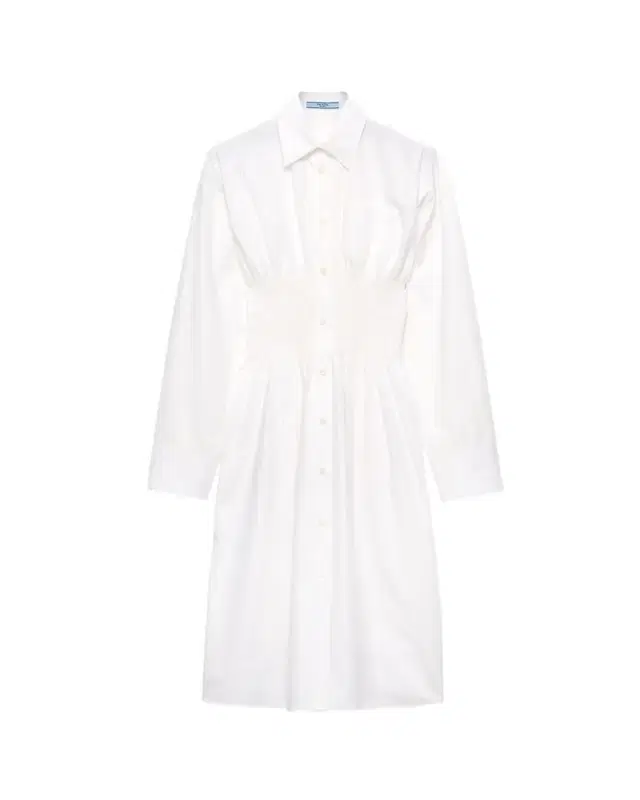 Prada Smocked Canvas Fit-and-Flare Midi Shirt Dress