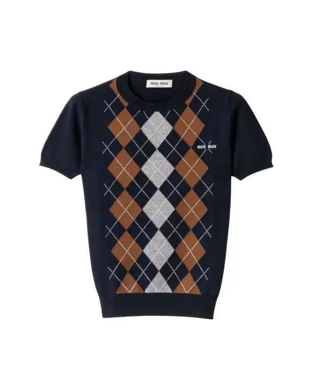 Cashmere Argyle Short-Sleeve Sweater