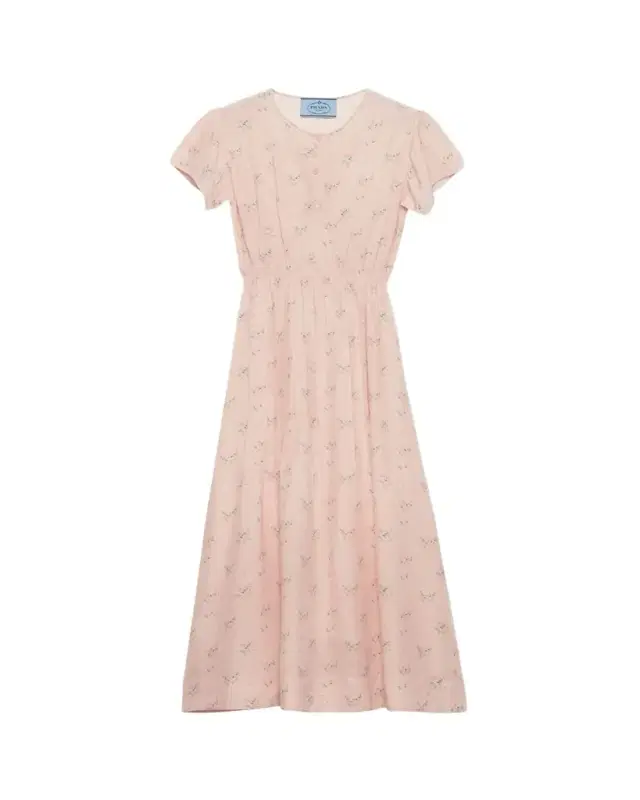 Flower-Print Silk Ponge Short-Sleeve Midi Dress
