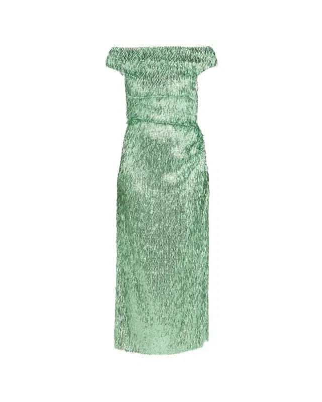 Beaded Fringe Off-The-Shoulder Midi Cocktail Dress
