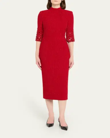Badgley Mischka Mock-Neck Beaded Shimmer Tweed Midi Dress | Thumbnail 2