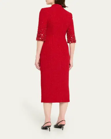Badgley Mischka Mock-Neck Beaded Shimmer Tweed Midi Dress | Thumbnail 3