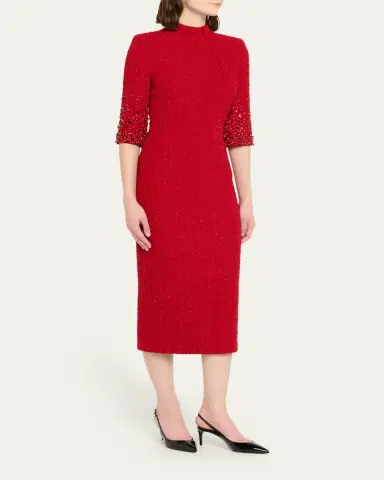 Badgley Mischka Mock-Neck Beaded Shimmer Tweed Midi Dress | Thumbnail 4