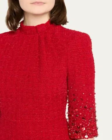 Badgley Mischka Mock-Neck Beaded Shimmer Tweed Midi Dress | Thumbnail 5