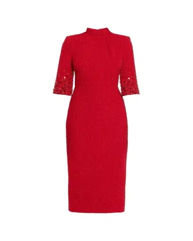 Badgley Mischka Mock-Neck Beaded Shimmer Tweed Midi Dress | Thumbnail 1
