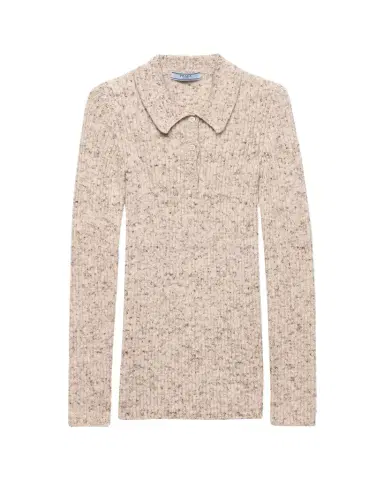 Prada Speckled Wool-Linen Rib Polo Sweater | Thumbnail 1 Prada Speckled Wool-Linen Rib Polo Sweater | Thumbnail 1