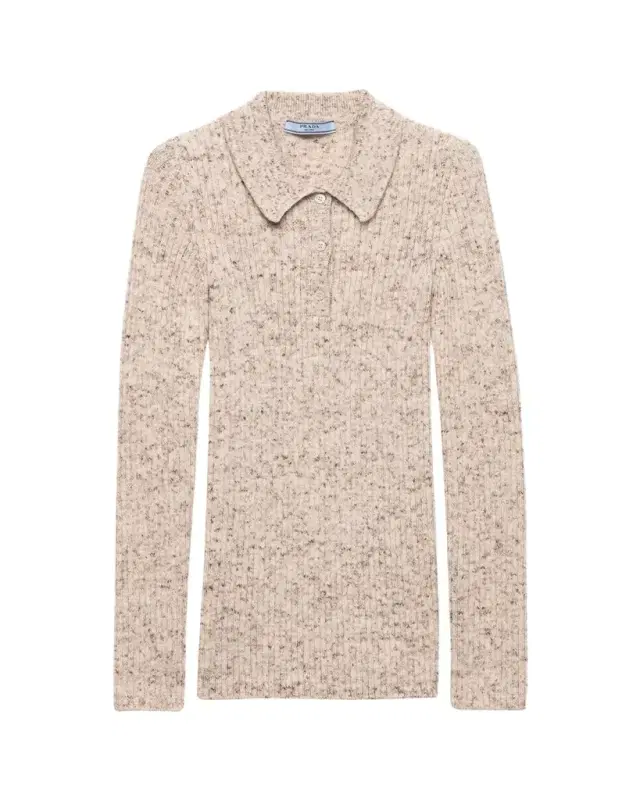 Speckled Wool-Linen Rib Polo Sweater