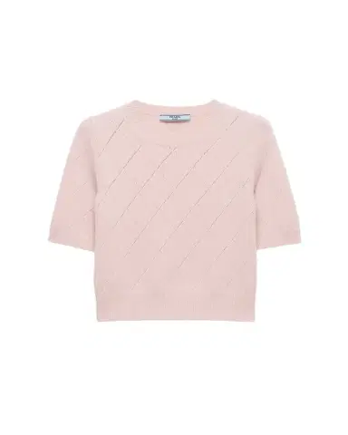 Prada Cashmere Argyle Pointelle Knit Short-Sleeve Sweater | Thumbnail 1