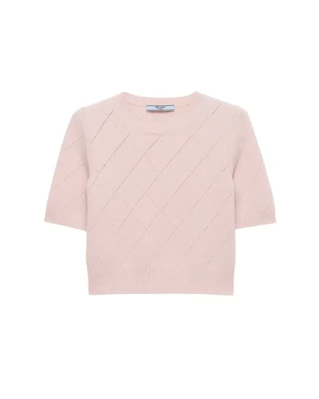 Cashmere Argyle Pointelle Knit Short-Sleeve Sweater