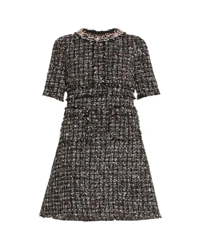 Rickie Freeman for Teri Jon Crystal-Trim Fringed Tweed Dress