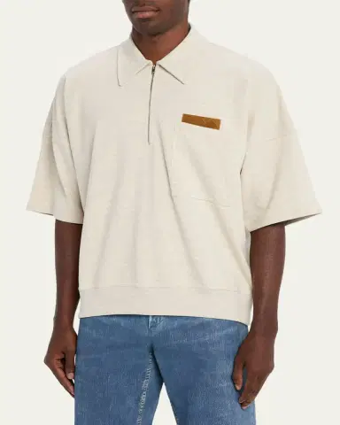 Bottega Veneta Men's Intrecciato Suede-Trim Jersey Polo Shirt | Thumbnail 4 Bottega Veneta Men's Intrecciato Suede-Trim Jersey Polo Shirt | Thumbnail 4