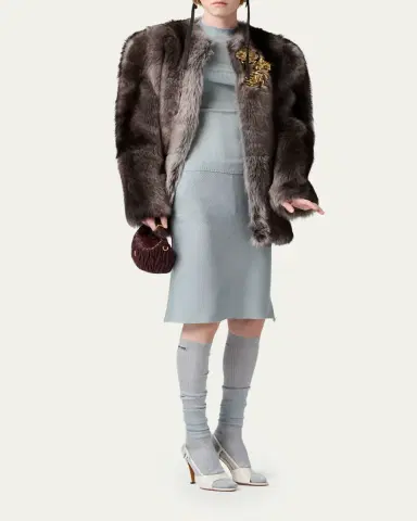 Miu Miu Puff-Sleeve Lamb-Shearling Collarless Coat | Thumbnail 2