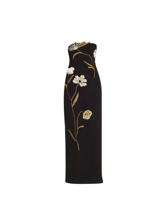 Lela Rose Floral Cord Embroidered Strapless Column Gown